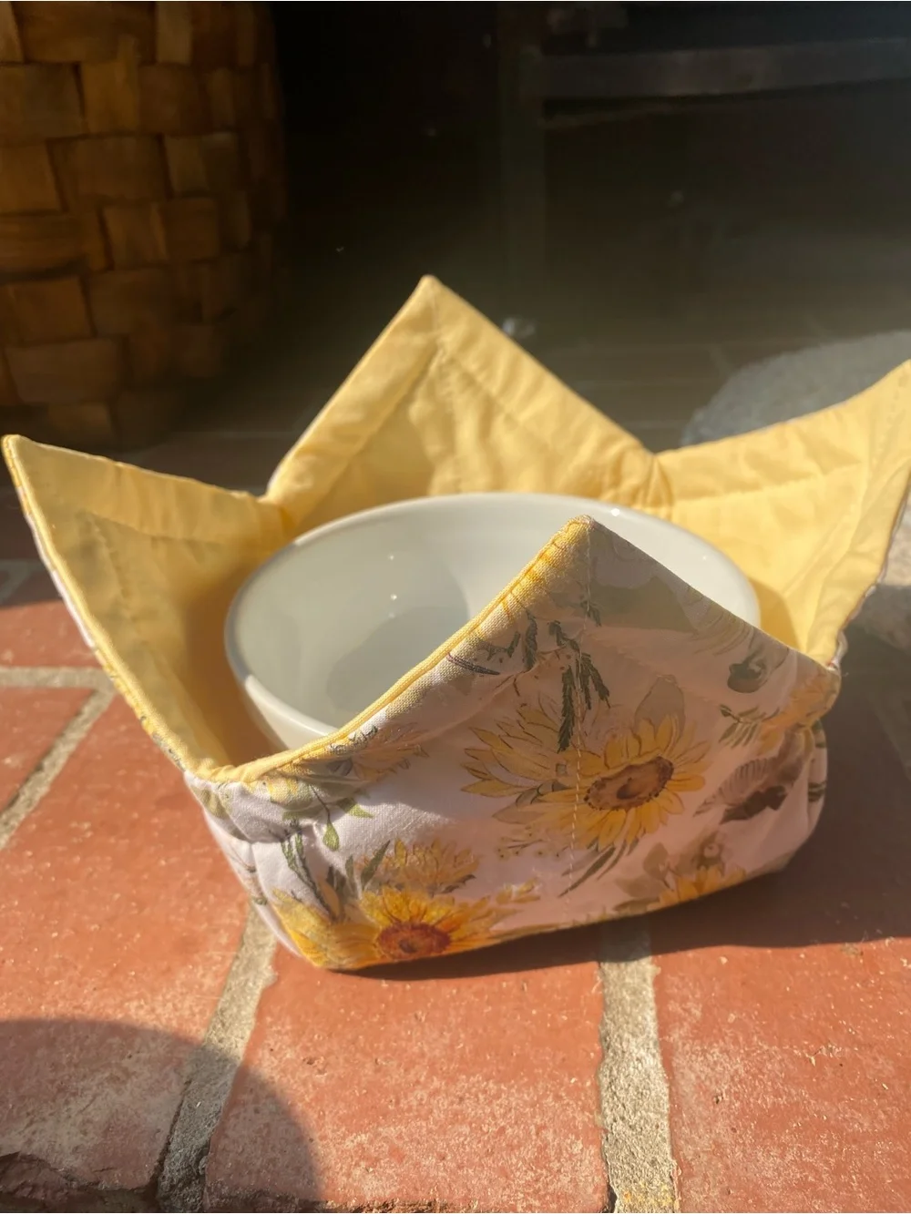 Handmade bowl cozie 100% cotton microwave washer safe.